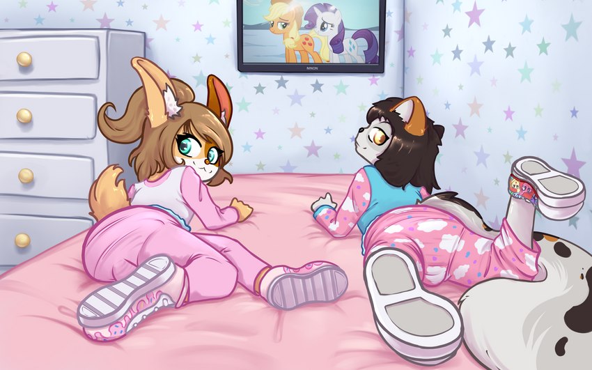 1_horn anthro bed black_body black_fur black_hair blonde_hair blonde_mane blue_clothing blue_eyes blue_shirt blue_topwear bottomwear brown_body brown_fur brown_hair clothed clothing cowboy_hat cutie_mark diaper diaper_under_clothing dresser duo electronics feces female flatscreen footwear fur furniture green_eyes grey_body grey_fur hair hat hat_only headgear headgear_only headwear headwear_only horn long_sleeves looking_back lying mane messy_diaper mostly_nude multicolored_body multicolored_fur on_bed on_front pajamas pants pink_bedding pink_bottomwear pink_clothing pink_pants ponytail purple_hair purple_mane shirt shoes short_tail sleepover sneakers soiling tail tan_body tan_fur television topwear watching_tv white_body white_clothing white_fur white_shirt white_topwear yellow_eyes young young_anthro ninon_(artist) friendship_is_magic hasbro my_little_pony mythology applejack_(mlp) kayla_(dustywuffy) miyu_bunny rarity_(mlp) canid canine canis domestic_cat equid equine felid feline felis horse lagomorph leporid mammal mythological_creature mythological_equine pony rabbit unicorn wolf 16:10 2021 absurd_res hi_res signature story story_at_source story_in_description widescreen