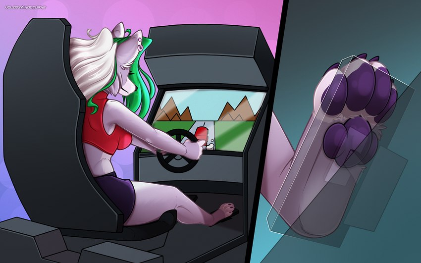 4_toes anthro barefoot barefoot_driving big_breasts bottomwear breasts camel_toe clothing driving feet female foot_focus gaming miniskirt pawpads paws pedal_pumping playing_video_game purple_pawpads racing red_clothing red_topwear sitting skirt slot_machine solo toes topwear transparent_pedal volodyanocturne five_nights_at_freddy's five_nights_at_freddy's:_security_breach scottgames steel_wool_studios roxanne_wolf canid canine canis mammal wolf 16:10 widescreen