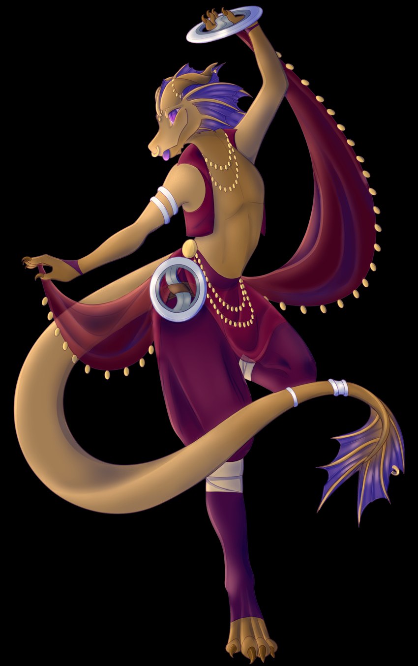 4_fingers accessory anthro armband bandage belly_dancer big_tail blep chakram claws clothed clothing dancing digitigrade facial_piercing feet fingers flat_chested frill_(anatomy) furgonomics furry-specific_piercing gold_(metal) gold_jewelry harem_outfit holding_object holding_weapon horn horn_jewelry horn_piercing jewelry looking_away male melee_weapon membrane_(anatomy) midriff nose_piercing nose_ring partially_clothed piercing ring_piercing silver_(metal) silver_jewelry smile solo standing tail tail_accessory tail_jewelry tail_piercing toe_claws toes tongue tongue_out topwear vest weapon nelly's_illustrations minuet kobold reptile scalie absurd_res alpha_channel hi_res