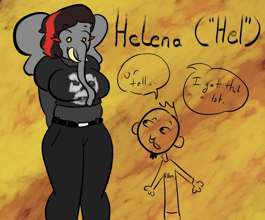 alternative_fashion anthro big_ears dialogue duo emo female highlights_(coloring) larger_female male proboscis_(anatomy) size_difference thick_thighs trunk_(anatomy) tusks yellow_eyes sylvan's_sketches misfits_(band) helena_(sylvan's_sketches) elephant elephantid mammal proboscidean 6:5