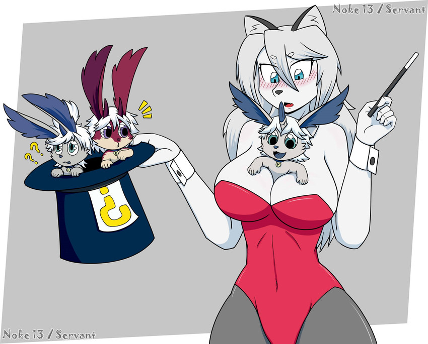 anthro between_breasts blush breasts cleavage clothed clothing embarrassed female group inside_hat magic_hat-trick magic_wand magician magician_hat male male/female question_mark smile noke13 yume_(noke13) domestic_cat felid feline felis lagomorph leporid mammal rabbit hi_res