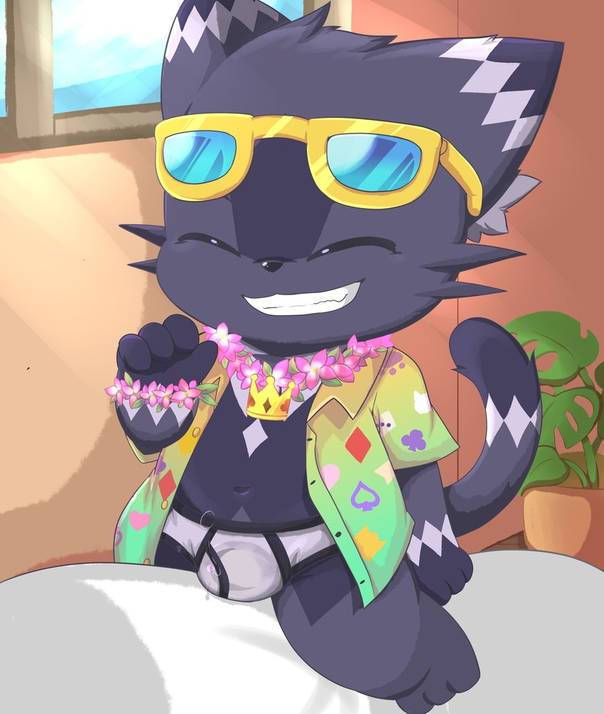 anthro black_body black_fur black_seam_underwear briefs bulge clothing colored_seam_underwear eyewear fur grin male on_lap smile solo straddling sunglasses underwear white_briefs white_clothing white_underwear young young_anthro toruu lifewonders tokyo_afterschool_summoners cait_sith_(tas) domestic_cat felid feline felis mammal absurd_res hi_res