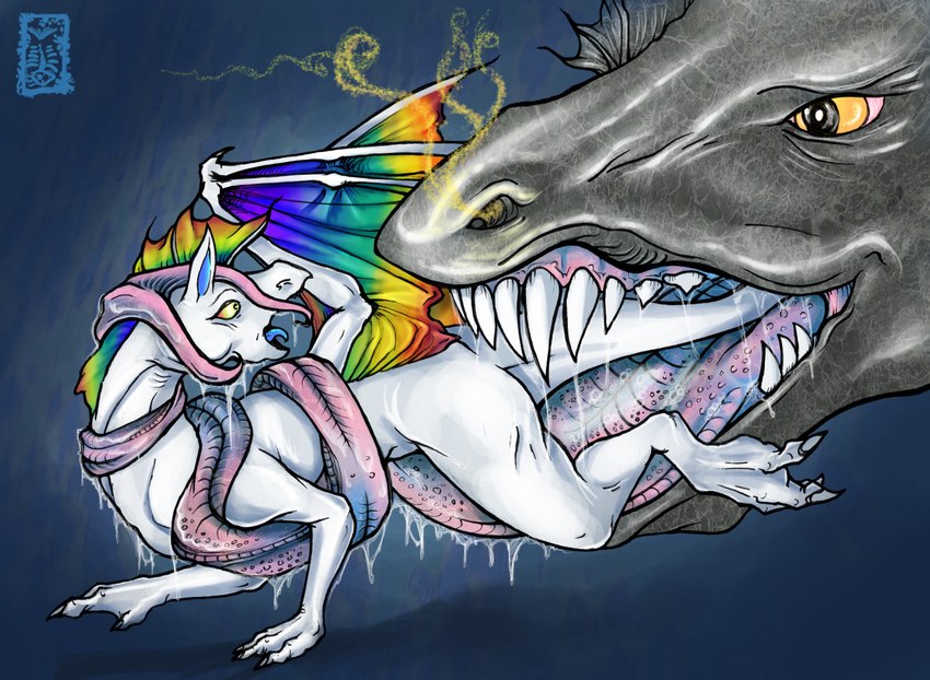 all_fours ambiguous_gender ambiguous_pred ambiguous_prey anthro anthro_prey bodily_fluids duo extreme_size_difference fangs feral feral_pred feral_prey forced grey_body hair long_tongue membrane_(anatomy) membranous_wings mouth_shot multicolored_hair multicolored_tongue open_mouth rainbow rainbow_hair saliva scared sharp_teeth simple_background size_difference tail tail_fetish tail_first tail_in_mouth tail_play teeth tongue vore white_body wings yellow_sclera fishyboner mythology shira_frozenmoon dragon mythological_creature mythological_scalie scalie 2008 digital_media_(artwork) hi_res herm_(lore)