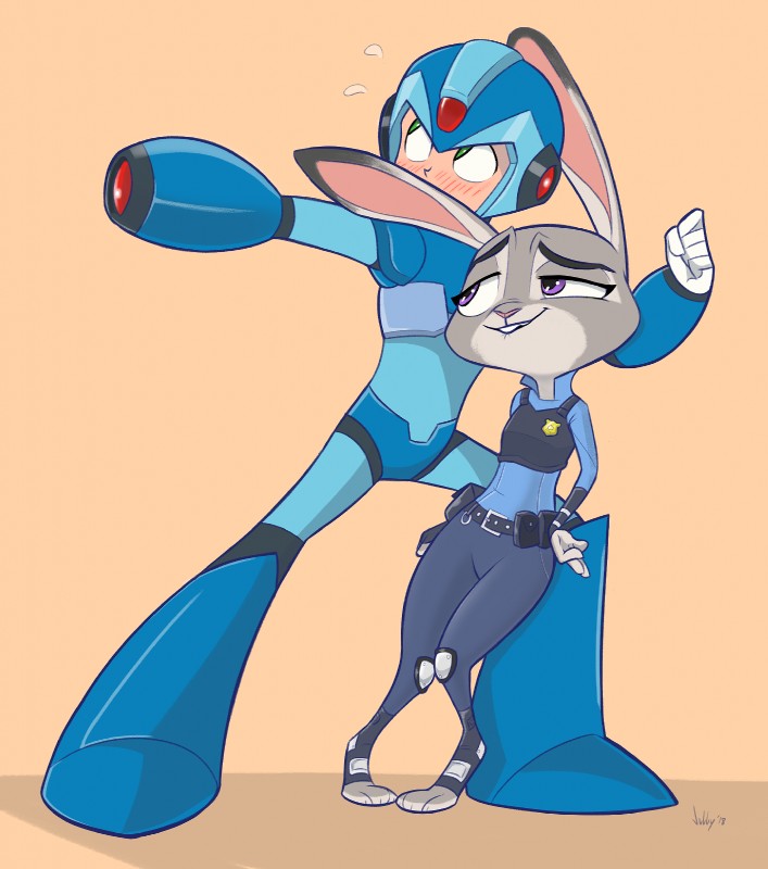 anthro armor badge belt bite biting_lip biting_own_lip blush bottomwear brown_background clothing duo feet female green_eyes half-closed_eyes headgear helmet looking_away machine male narrowed_eyes pants police police_uniform purple_eyes self_bite shirt simple_background smile standing teeth topwear uniform vest jobbythehong capcom disney mega_man_(series) mega_man_x_(series) zootopia judy_hopps mega_man_x_(character) android humanoid lagomorph leporid mammal rabbit reploid robot 2018 crossover dated full-length_portrait hi_res portrait signature