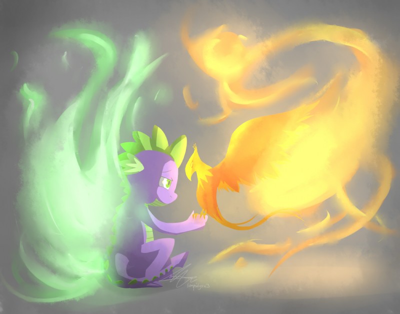 duo feral fire flaming_feathers male tail stupidyou3 european_mythology friendship_is_magic greek_mythology hasbro my_little_pony mythology peewee_(mlp) spike_(mlp) avian dragon elemental_creature fire_creature mythological_avian mythological_bird mythological_creature mythological_firebird mythological_scalie phoenix scalie hi_res