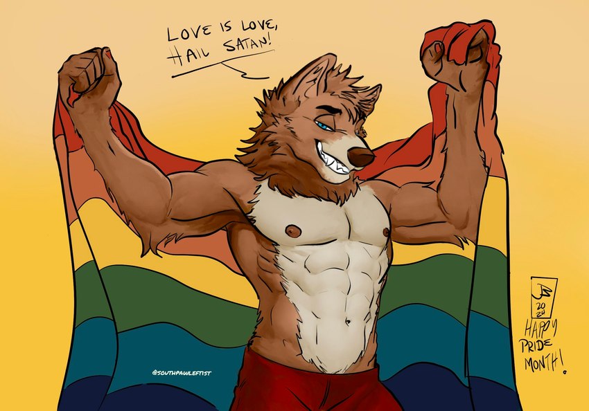 abs anthro barazoku biceps big_muscles biped blasphemy blue_eyes brown_body brown_fur clothing countershade_fur countershading fur lgbt_pride looking_at_viewer male muscular muscular_anthro muscular_male pecs politics pride_color_clothing pride_color_flag pride_colors solo standing text white_body white_countershading white_fur southpawleftist lgbt_pride_month canid canine canis mammal wolf 2024 digital_media_(artwork) english_text hi_res