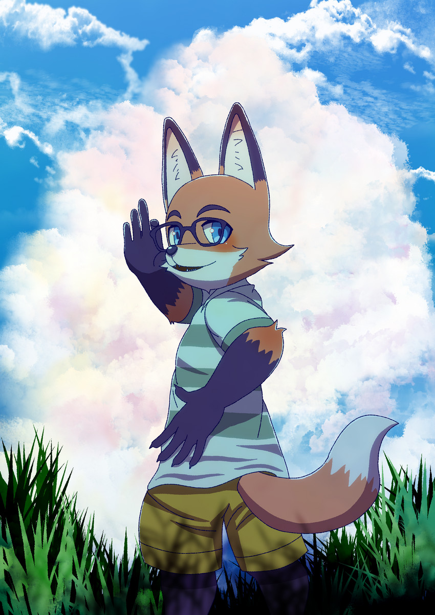 anthro black_body black_fur blue_eyes blush cheek_tuft claws clothing cloud detailed_background eyewear facial_tuft fur glasses grass hand_on_hip inner_ear_fluff looking_at_viewer male multicolored_body multicolored_clothing multicolored_ears multicolored_fur multicolored_tail multicolored_topwear orange_body orange_fur plant smile solo tail topwear tuft white_body white_fur nako citail vtuber ono_kitsune canid canine fox mammal absurd_res hi_res