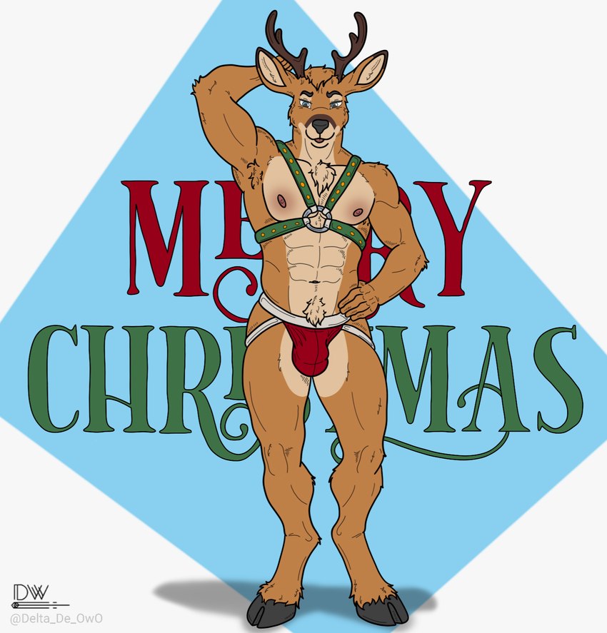 abs anthro antlers armpit_tuft blue_eyes clothed clothing fur hair harness holidays horn jockstrap male muscular muscular_male navel nipples pecs simple_background smile solo text topless topless_male underwear delta_dewitt christmas ben_(delta_dewitt) deer mammal digital_media_(artwork) english_text hi_res