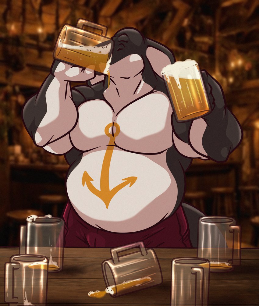 alcohol anthro beer belly beverage chugging drinking male muscular solo rackun nautilus_(acluelessbull) cetacean dolphin mammal marine oceanic_dolphin orca toothed_whale absurd_res hi_res