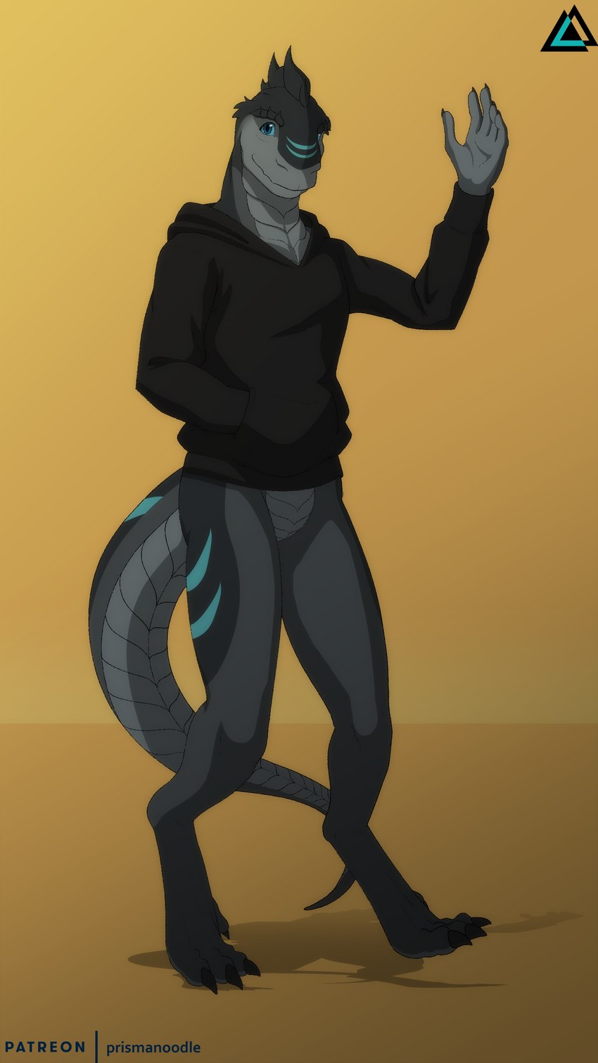 anthro blue_markings bottomless claws clothed clothing countershading hoodie hoodie_only looking_at_viewer male markings multicolored_body partially_clothed simple_background smile solo tail toe_claws topwear topwear_only two_tone_body wave prismanoodle_(artist) id_software microsoft quake lizard reptile scalie sorg_(species) absurd_res hi_res