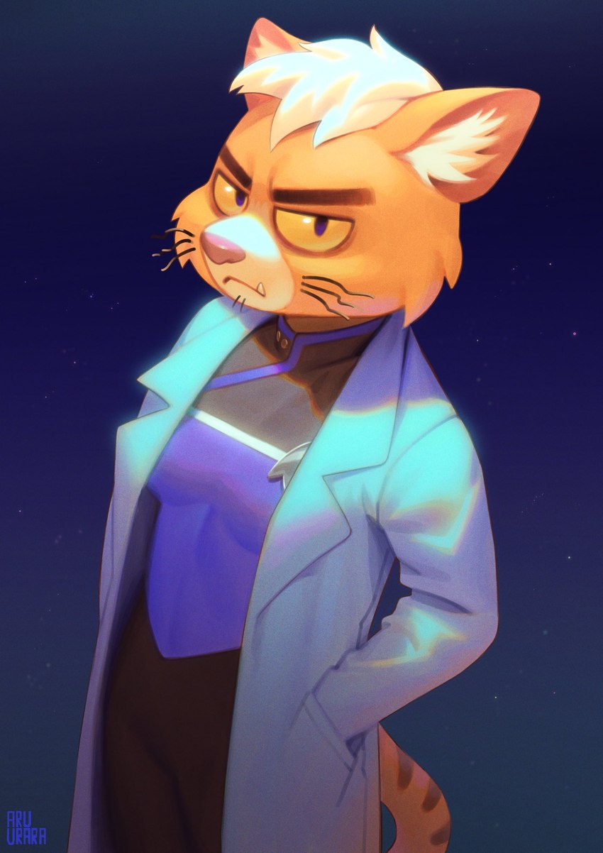 anthro black_eyes clothing coat female fur hand_in_pocket kemono lab_coat markings mature_female orange_body orange_fur pockets solo starfleet_insignia starfleet_uniform striped_markings striped_tail stripes tail tail_markings topwear yellow_sclera aruurara star_trek star_trek_lower_decks dr._t'ana caitian felid mammal 2022 hi_res