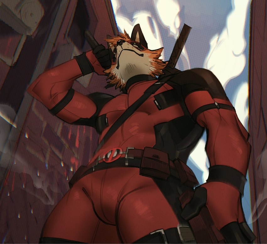 abs anthro biceps big_muscles biped clothing fur male muscular muscular_anthro muscular_male orange_body orange_fur pecs solo tight_clothing white_body white_fur hemuchang marvel deadpool canid canine fox mammal 2024 hi_res