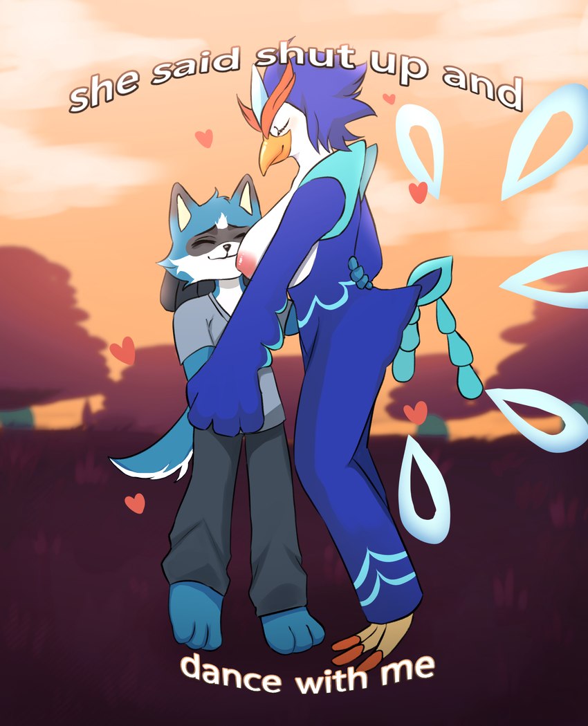 anthro avian_butt big_breasts blush breasts dancing duo feathers female happy love male male/female multi_tail nipples tail text kurosita nintendo pokemon husky_lucario avian generation_9_pokemon pokemon_(species) quaquaval english_text hi_res