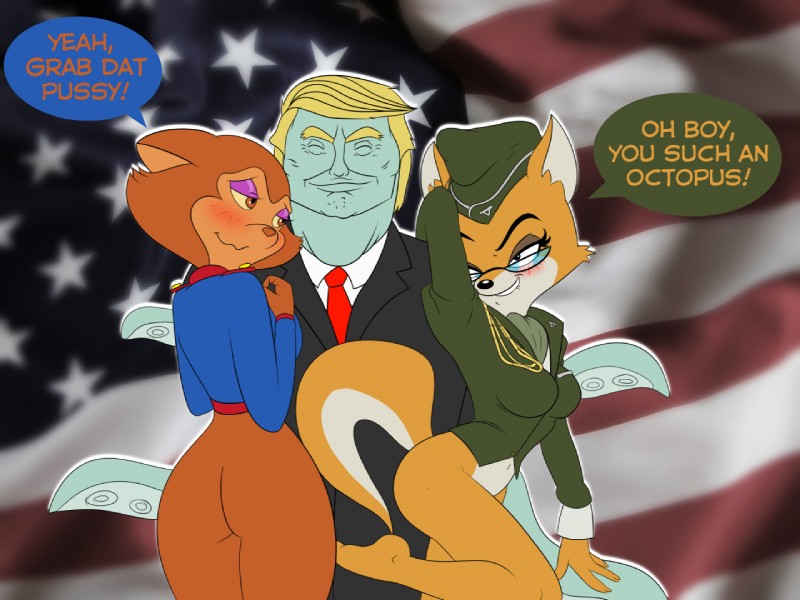 american_flag anthro black_eyes blonde_hair blush breasts brown_eyes butt clothed clothing eyelashes eyes_closed eyewear female flag fur glasses group hair half-closed_eyes hat headgear headwear makeup male military_uniform narrowed_eyes orange_body orange_fur police police_uniform politics smile suit tentacles uniform united_states_of_america what metalslayer patrol_03 real_world sek_studio squirrel_and_hedgehog donald_trump lt._fox_vixen pamela_bondani canid canine domestic_cat felid feline felis fox humanoid mammal 2016 4:3