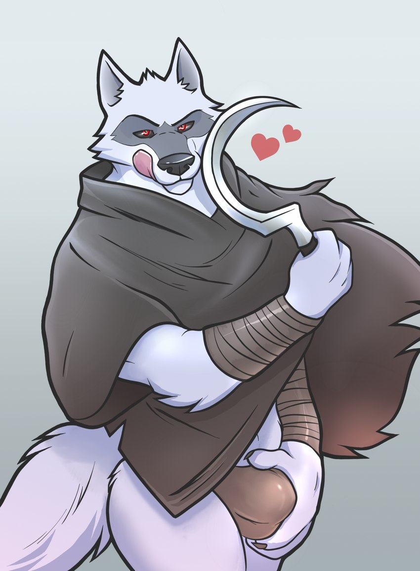 anthro bulge cape clothing heart_symbol holding_bulge holding_object holding_weapon licking licking_lips licking_own_lips male sickle simple_background solo standing tongue tongue_out underwear weapon dasoka tokuya dreamworks puss_in_boots_(franchise) death_(puss_in_boots) canid canine canis mammal wolf 2023 hi_res