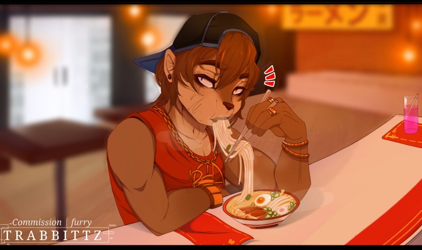 anthro backwards_baseball_cap backwards_hat baseball_cap blue_eyes brown_body brown_fur chopsticks clothed clothing detailed_background ear_piercing fingers food fur hair hat headgear headwear jewelry long_hair looking_at_viewer male muscular muscular_male noodles open_mouth piercing ramen restaurant ring scar solo text topwear anonymous_artist denzel_t_smith_(character) chipmunk ground_squirrel mammal rodent sciurid digital_drawing_(artwork) digital_media_(artwork)