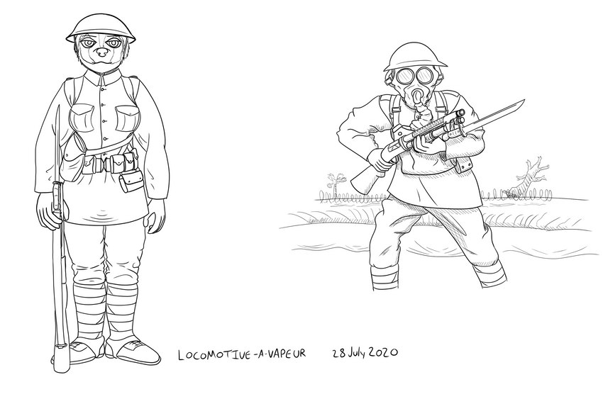 anthro barbed_wire bayonet clothing female gas_mask gun knife looking_at_viewer mask military_helmet military_uniform plant ranged_weapon shotgun solo text tree trench uniform weapon winchester_1897 world_war_1 panzerschreckleopard american_badger badger mammal mustelid musteline 2020 english_text hi_res monochrome