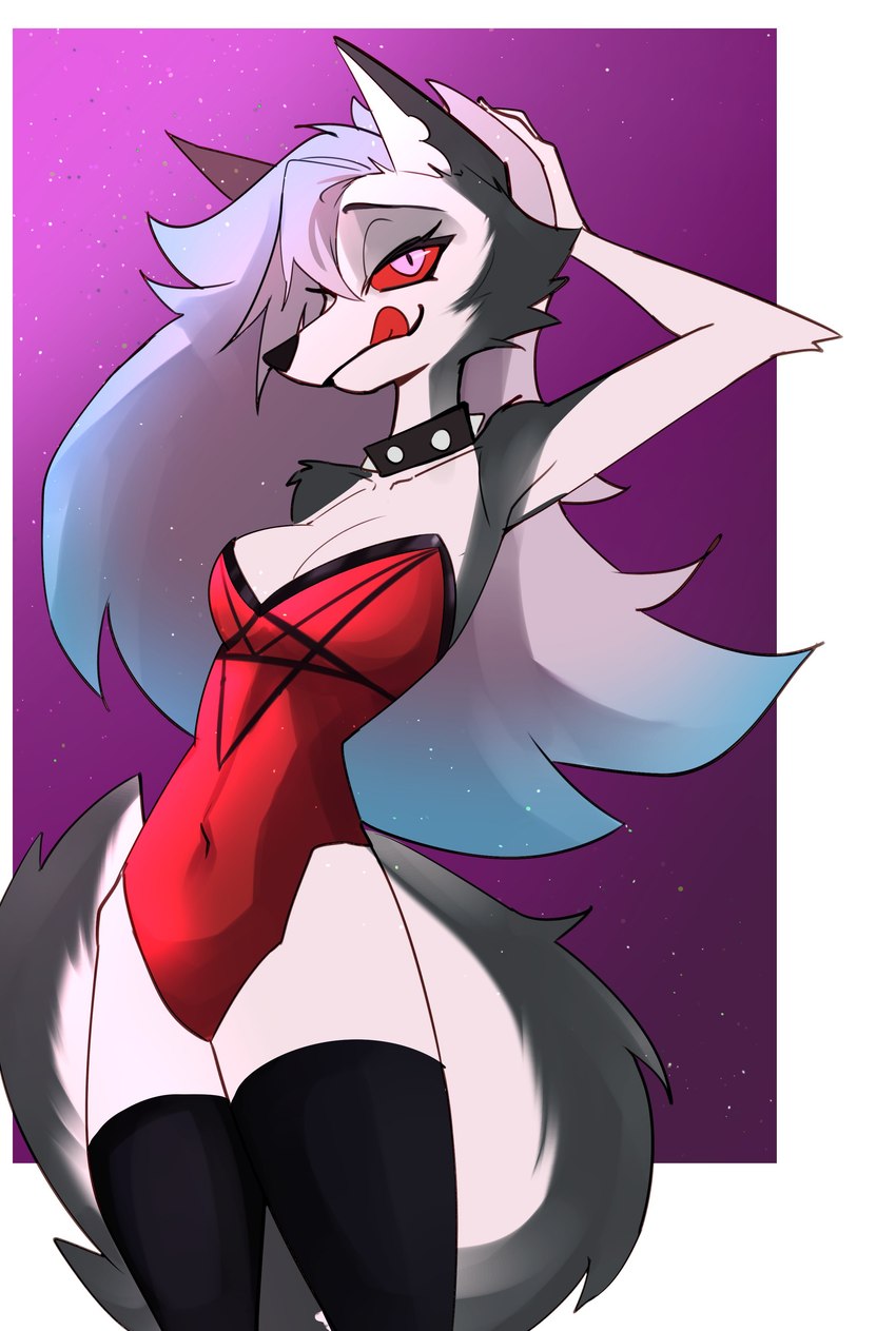 anthro black_nose breasts cleavage clothed clothing collar female fur grey_body grey_fur grey_hair hair hand_behind_head humanoid_hands legwear leotard licking licking_lips long_hair looking_at_viewer medium_breasts multicolored_body multicolored_fur navel_outline pink_eyes red_sclera slim solo spiked_collar spikes strapless_clothing strapless_leotard thigh_highs tongue tongue_out two_tone_body two_tone_fur white_body white_eyes white_fur rolling_beast helluva_boss mythology loona_(helluva_boss) canid canid_demon canine demon hellhound mammal mythological_canine mythological_creature 2022 absurd_res digital_media_(artwork) hi_res