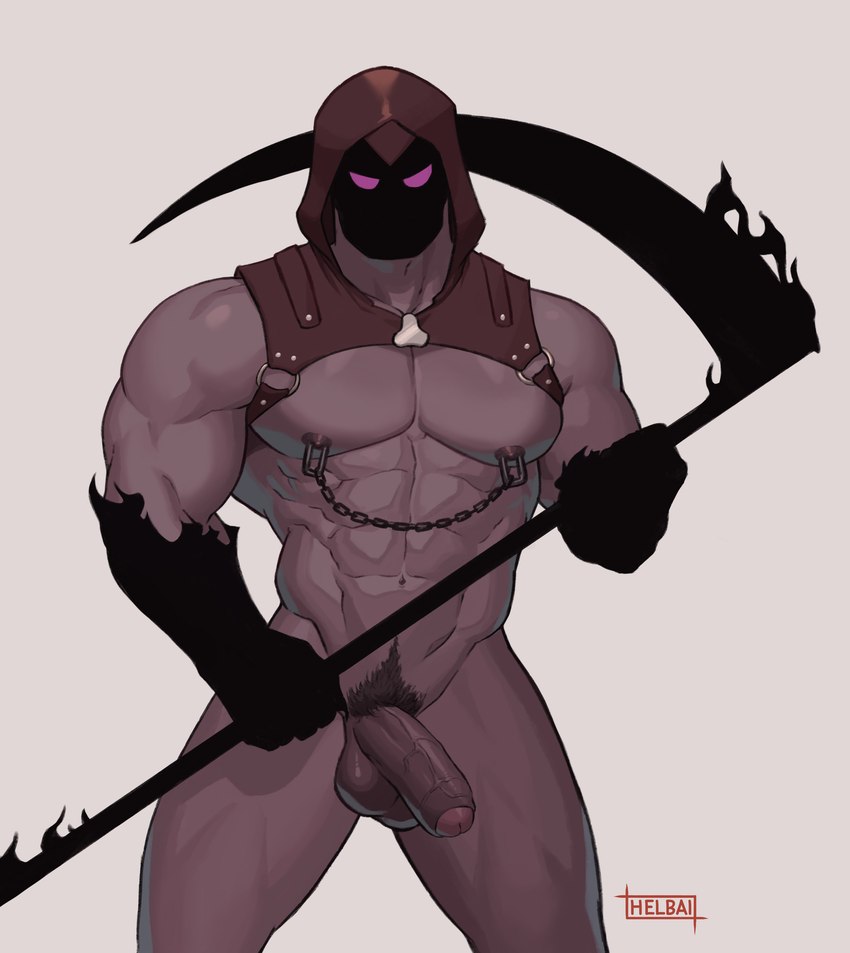 abs balls black_face black_hands blade brown_clothing clothing erection foreskin genitals glans half-erect holding_object holding_weapon hood leather leather_clothing looking_at_viewer male melee_weapon mostly_nude muscular muscular_arms muscular_humanoid muscular_legs muscular_male muscular_thighs nipple_chain nipples partially_retracted_foreskin pecs penis phantom_hand pink_glans polearm pose pubes purple_balls purple_body purple_eyes purple_foreskin purple_penis purple_skin scythe shadow shoulder_pads simple_background solo standing thick_thighs unusual_anatomy urethra vein veiny_penis weapon white_background helbram death_(helbram) demon humanoid 2020 absurd_res digital_media_(artwork) hi_res signature