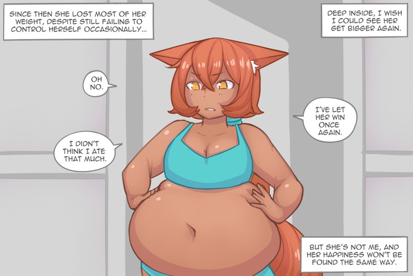 belly big_belly big_breasts bottomwear breasts cleavage clothed clothing dark_body dark_skin dialogue female hair inner_monologue navel orange_eyes orange_hair overweight overweight_female overweight_humanoid solo speech_bubble tail text thinking topwear pixiveo zina_(pixiveo) animal_humanoid canid canid_humanoid canine canine_humanoid fox_humanoid humanoid mammal mammal_humanoid 3:2 comic english_text