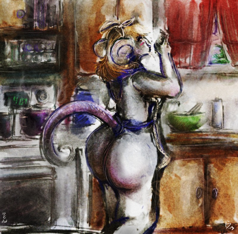 anthro apron blush brown_eyes clothed clothing female looking_back skimpy solo tail dlost mammal mouse murid murine rodent hi_res