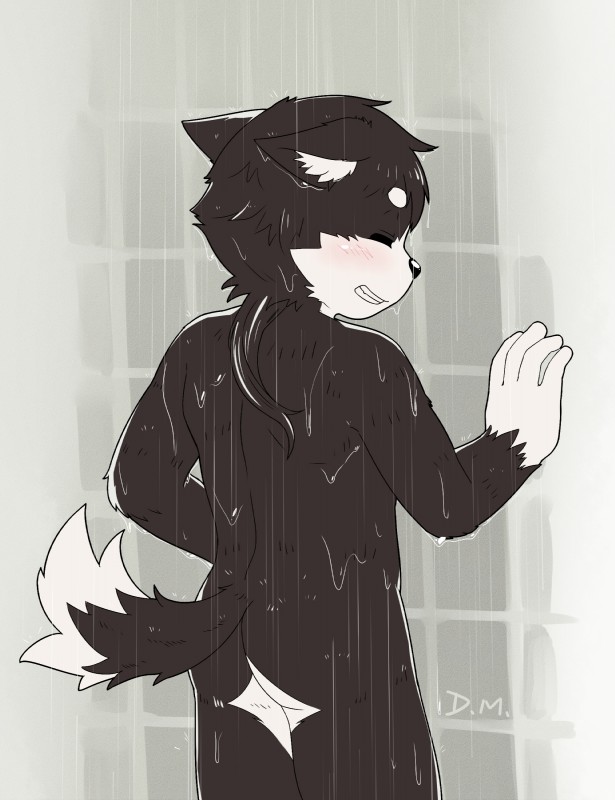 5_fingers anthro black_body black_fur blush butt eyes_closed fingers fur male rear_view shower solo water wet wet_body wet_fur white_body white_fur young young_anthro darkmagic yeeta_the_puppy canid canine canis domestic_dog mammal 2016 absurd_res hi_res