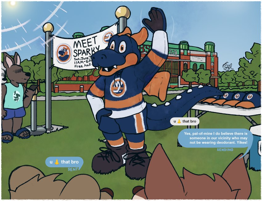 anthro clothing enhibitionism group hat headgear headwear light male mascot mascot_costume musk musk_clouds park public queue solo_focus stadium sunlight text texting poorsal mythology new_york_islanders nhl sparky_(new_york_islanders) dragon mythological_creature mythological_scalie scalie english_text hi_res