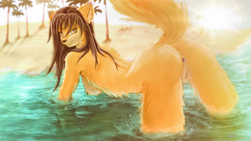 all_fours amber_eyes anthro anus arm_support arms_in_water beach biped breasts brown_hair detailed_background female forward_arm_support fur genitals hair legs_in_water long_hair looking_at_viewer nipples outside partially_submerged pussy seaside solo submerged_legs water wet wet_body wet_fur yellow_body yellow_fur kiloart mei_(kiloart) canid canine fox mammal 16:9 hi_res widescreen