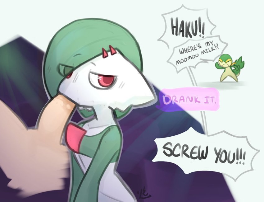 angry casual_sex duo female feral genitals male male/female oral penis penis_in_mouth sex speech_bubble text tofuuu nintendo pokemon gardevoir generation_3_pokemon generation_5_pokemon human mammal pokemon_(species) snivy