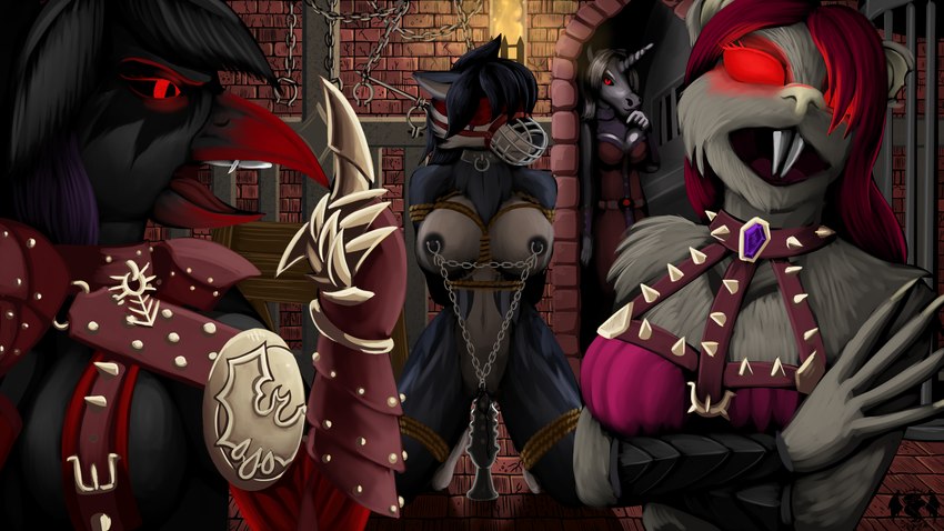 anthro bdsm blindfold bondage bound chain clit_clamp collar female female/female group horn muzzle_(object) muzzled nipple_clamp quakehoof mythology charna_(quakehoof) skittergnaw_(quakehoof) vyl'shaerri_(quakehoof) avian bird canid canine canis corvid corvus_(genus) crow equid equine mammal murid murine mythological_creature mythological_equine oscine passerine rat rodent unicorn wolf 16:9 hi_res widescreen