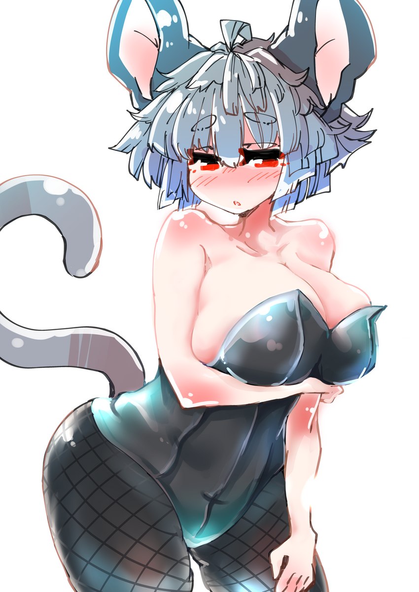 ahoge big_breasts blush breasts cleavage clothed clothing female fishnet_clothing fishnet_legwear grey_hair hair huge_breasts legwear leotard open_mouth red_eyes short_hair solo tights sabitare touhou nazrin animal_humanoid humanoid mammal mammal_humanoid mouse_humanoid murid murid_humanoid murine murine_humanoid rodent rodent_humanoid absurd_res hi_res