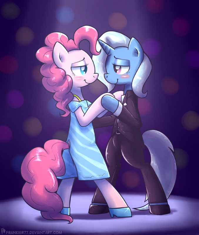 anthro blue_eyes blush bottomwear clothed clothing dancing dress duo female female/female footwear hair horn pants pink_hair purple_eyes shirt shoes standing suit tail topwear frankier77 friendship_is_magic hasbro my_little_pony mythology pinkie_pie_(mlp) trixie_(mlp) earth_pony equid equine horse mammal mythological_creature mythological_equine pony unicorn 2013