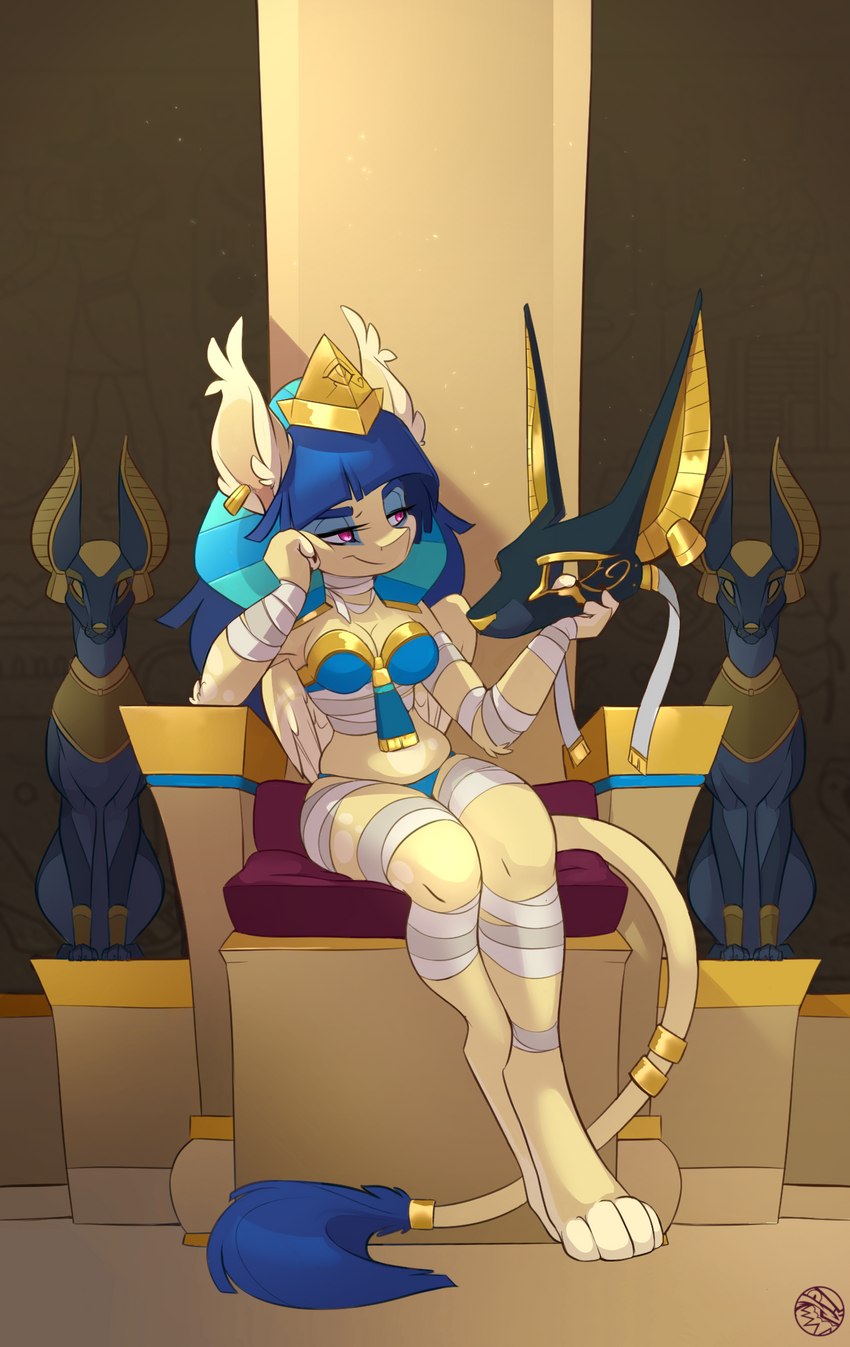 anthro bandage bra breasts ceremonial chair clothing digitigrade egyptian eye_of_horus feathers feet female furniture hat headgear headwear hindpaw jewelry makeup mask midriff mummification nemes_headdress paws piercing ring slouch solo throne throne_room underwear wings wrapping feardakez egyptian_mythology middle_eastern_mythology mythology anubis shesta deity domestic_cat felid feline felis mammal mummy mythological_creature mythological_sphinx undead 2019 hi_res