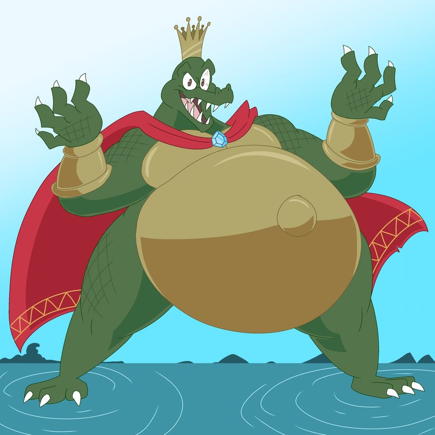 3_toes 4_fingers anthro armor belly belly_overhang big_belly biped bloodshot_eyes bracelet cape claws clothing crown feet fingers gold_(metal) gold_bracelet gold_jewelry green_body green_scales headgear jewelry male mostly_nude musclegut muscular muscular_anthro muscular_male open_mouth overweight overweight_anthro overweight_male pecs scales sky solo standing_on_water toes water comicfiruko donkey_kong_(series) nintendo king_k._rool crocodile crocodilian kremling reptile scalie 1:1 2022 hi_res