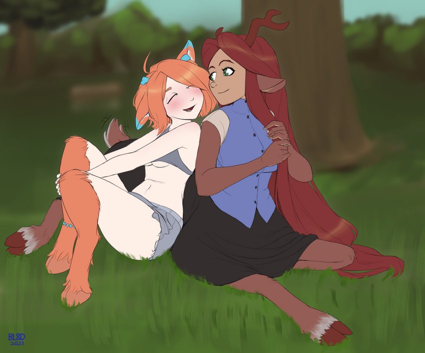 antlers blush bottomwear breasts clothing cuddling duo female female/female forest hooves horn hotpants park plant romantic romantic_couple scut_tail short_tail shorts skirt tail tree under_boob bluebl8d coirie_(post_crepusculum) moe_tierney deer deer_taur humanoid_taur mammal mammal_taur satyr taur hi_res herm_(lore)