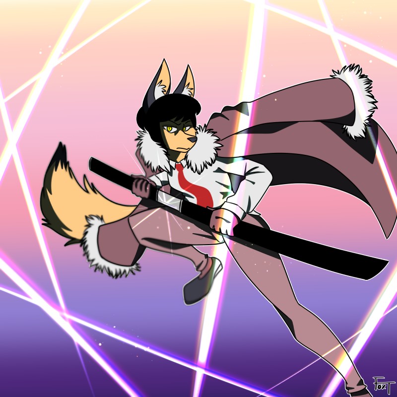 anthro clothing coat female footwear fur melee_weapon necktie shoes solo suit sword topwear weapon foxtrap kiku canid canine fox mammal 1:1 hi_res