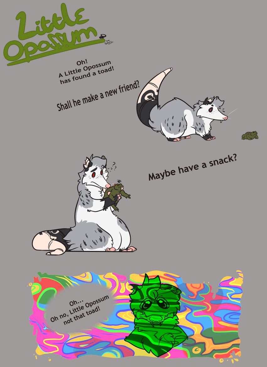 annoyed belly curious drugs duo feral humor licking male oops psychedelic tail text thick_tail tongue tongue_out tripping_balls possumgod ryder_the_pirate_(possumgod) american_opossum amphibian frog mammal marsupial toad_(frog) absurd_res comic english_text hi_res