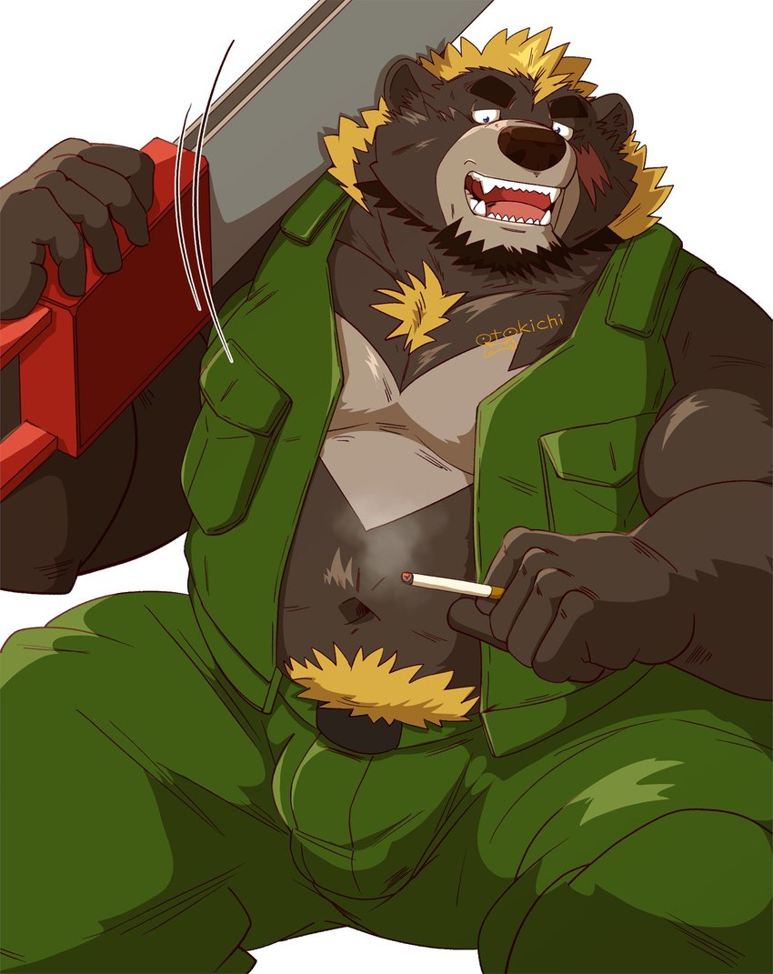 anthro belly bottomwear bulge clothing humanoid_hands kemono male moobs navel overweight overweight_male pants sitting smoking solo raichoclub crave_saga galgo_(crave_saga) bear mammal 2023 hi_res