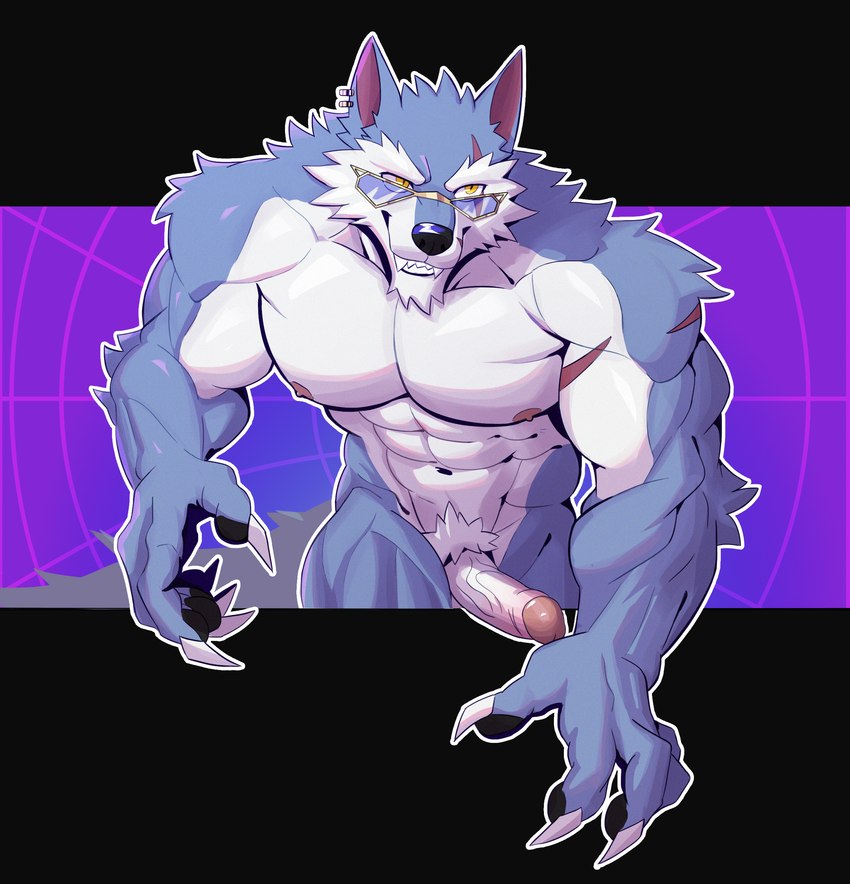 abs anthro barazoku biceps big_muscles biped blue_body blue_fur countershade_fur countershading erection eyewear eyewear_on_head fur genitals glans glasses glasses_on_head humanoid_genitalia humanoid_penis looking_at_viewer male muscular muscular_anthro muscular_male nipples nude pecs penis solo vein veiny_penis white_body white_countershading white_fur yellow_eyes peapeafur dislyte lilith_games freddy_(dislyte) canid canine canis mammal wolf 2024 absurd_res hi_res