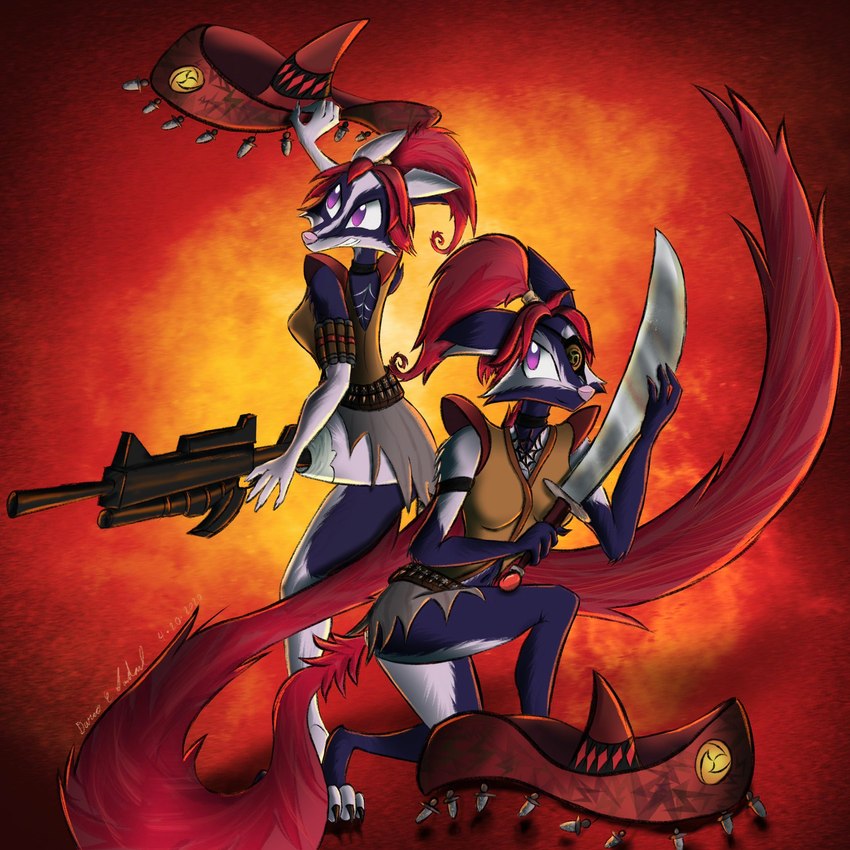 anthro blue_body blue_fur breasts clothed clothing duo eye_patch eyewear female fur gun hair hat headgear headwear melee_weapon pink_nose purple_eyes ranged_weapon red_hair red_tail sombrero sword tail weapon riodelzorro dreamkeepers digo_marrallang indi_marrallang indigo_marrallang canid mammal 1:1 hi_res