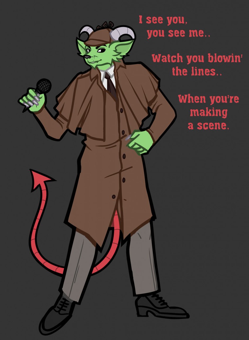 anthro detective_outfit fur green_body green_fur male mic red_text solo text quadlinda hi_res