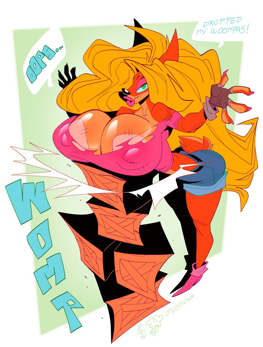 anthro areola areola_slip biped boots bottomwear breasts cleavage cleavage_overflow clothed clothing crate female fingerless_gloves footwear gloves hair handwear long_hair looking_at_viewer nipple_outline shirt shoes shorts simple_background skimpy solo speech_bubble text topwear oddjuice activision crash_bandicoot_(series) tawna_bandicoot bandicoot mammal marsupial 2024 absurd_res english_text hi_res signature