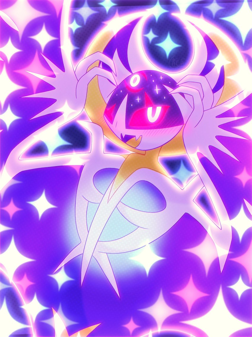 3_eyes ambiguous_gender anthro blush blush_lines fangs looking_at_viewer multi_eye open_mouth pink_eyes purple_body simple_background solo sparkles teeth tongue wings prizma730 nintendo pokemon generation_7_pokemon legendary_pokemon lunala pokemon_(species) 2024 3:4 hi_res