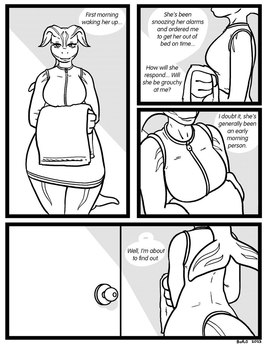 anthro big_breasts breasts clothed clothing dialogue door female furgonomics inside solo text towel wide_hips borisalien mixi_(erintheorca) alien cetacean dolphin mammal marine oceanic_dolphin orca toothed_whale 2023 comic english_text hi_res monochrome