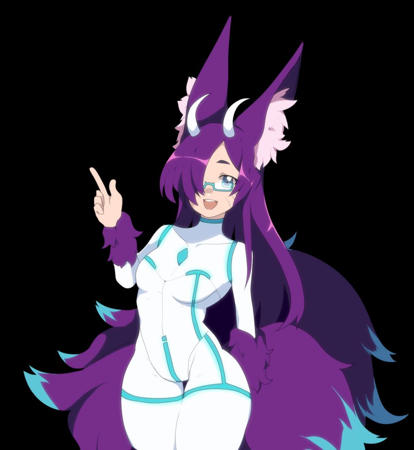 big_ears breasts ear_tuft eyewear female fur glasses hair horn long_hair markings multi_tail multicolored_tail purple_body purple_fur skintight_suit small_breasts solo tail teal_eyes tuft whisker_markings unknown_artist trials_in_tainted_space mitch_(tits) animal_humanoid canid canid_humanoid canine canine_humanoid fox fox_humanoid humanoid mammal mammal_humanoid sionach alpha_channel hi_res