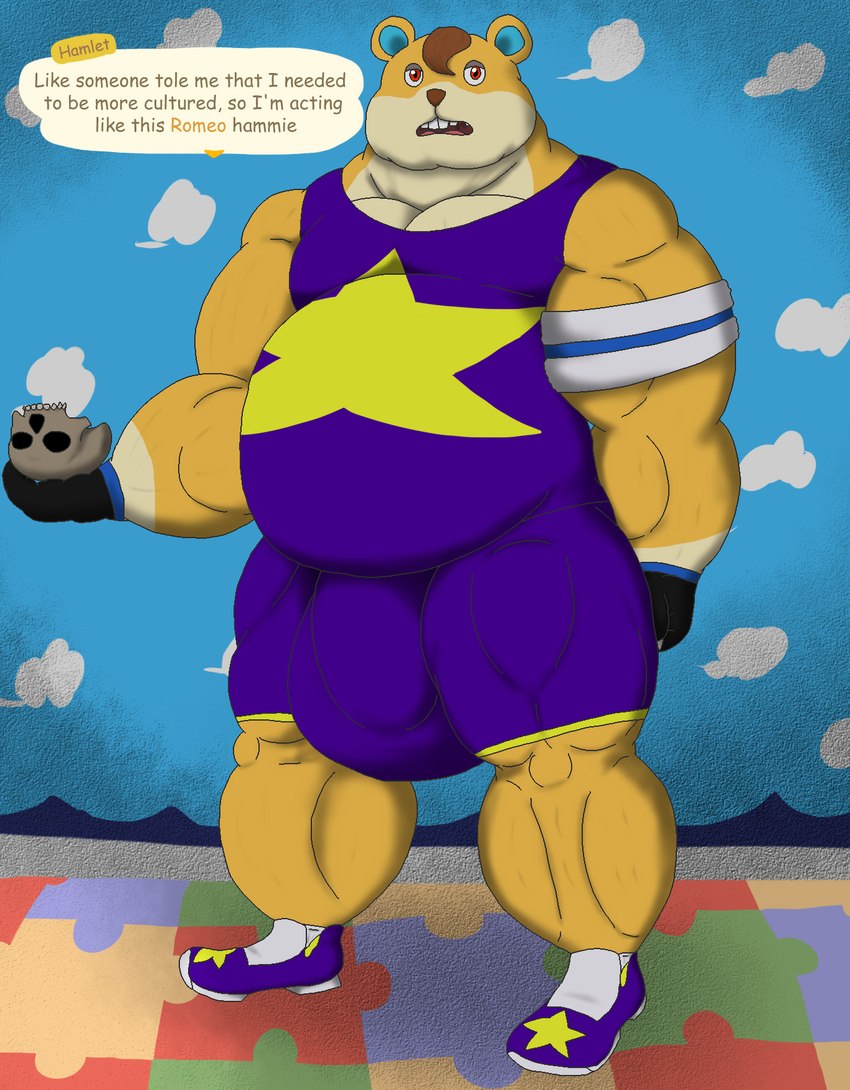 anthro belly big_belly big_bulge bone bulge exercise_clothing huge_bulge male muscular muscular_male potbelly skull skull_head solo text alythewolfcat animal_crossing nintendo hamlet_(animal_crossing) cricetid hamster mammal rodent english_text hi_res