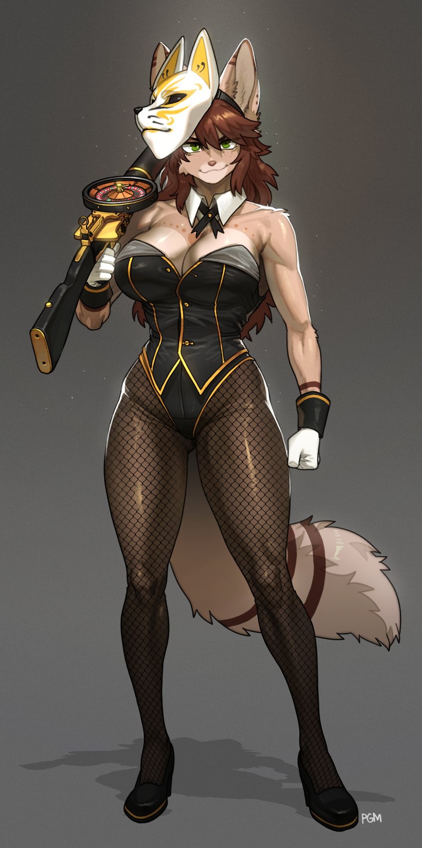 animal_mask anthro arm_tuft big_breasts breasts brown_body brown_fur brown_hair butt butt_from_the_front clothing collarbone cuffs_(clothing) eyebrows female fishnet_clothing fishnet_legwear fishnet_pantyhose footwear fox_mask fur gloves green_eyes gun hair handwear high_heels legwear lewis_gun looking_at_viewer machine_gun mask pantyhose ranged_weapon shirt_collar shoes shoulder_tuft solo tuft weapon pgm300 mammal 2024 absurd_res hi_res