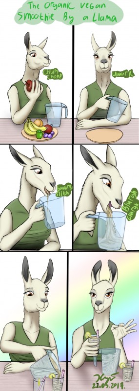 anthro apple banana bodily_fluids chewing female food fruit jug kiwifruit plant regurgitation solo vegan vomit vomiting xyi camelid llama mammal 2017 absurd_res comic hi_res