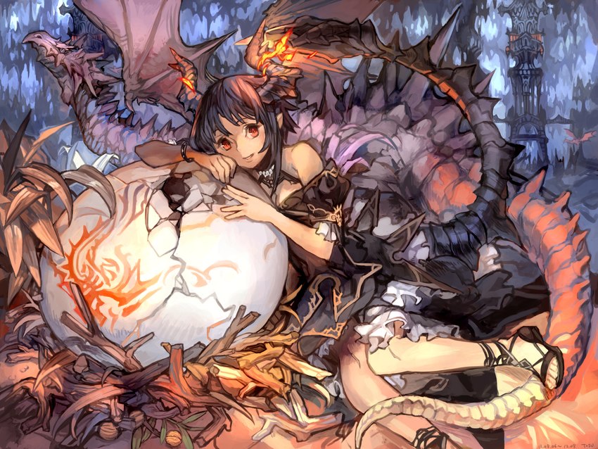 2_horns 4_fingers 5_toes bare_shoulders biped black_hair breasts cleavage clothed clothing detailed_background egg feet female fingers fire flaming_horn hair horn humanoid_pointy_ears leaf light_body light_skin looking_at_viewer monster_girl_(genre) nest pointy_ears red_eyes scales sitting tail toes underground white_body white_scales wood yellow_body yellow_skin toujo_bun mythology ambient_dragon animal_humanoid dragon dragon_humanoid humanoid mythological_creature mythological_scalie scalie 2013 4:3 digital_media_(artwork) hi_res shaded