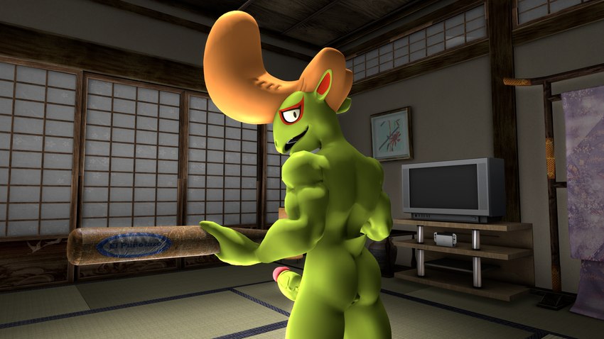 anthro anus baseball_bat bat_(object) big_penis butt detailed_background electronics erection genitals green_body green_skin hair holding_object holding_weapon inside japanese_room looking_back male muscular muscular_anthro muscular_male nintendo_console nude nude_anthro nude_male orange_hair penis pompadour rear_view red_body red_skin smile solo tail television weapon mightyk asian_mythology east_asian_mythology japanese_mythology level-5 mythology nintendo nintendo_switch yo-kai_watch roughraff lizard reptile scalie yokai 16:9 2024 3d_(artwork) digital_media_(artwork) hi_res widescreen